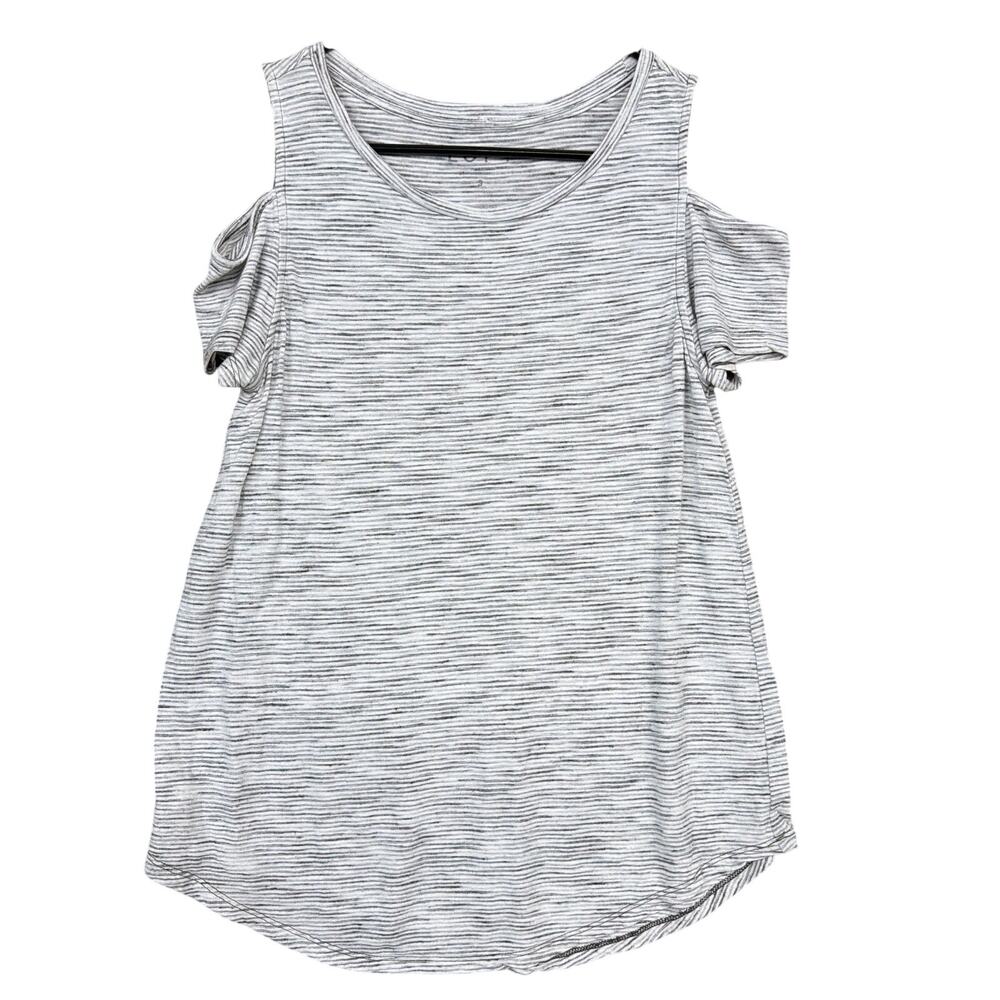 Ann Taylor LOFT Womens Shirt Gray White Stripe Cold Shoulder Short Sleeve Small